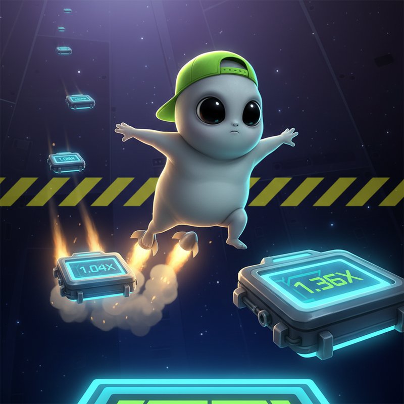 Jumper slot spelskärm visar en grå alien med grön keps som hoppar mellan metalliska plattformar med raketmotorer i rymden, med multipliers som 1.04x och 1.36x synliga på displayerna
